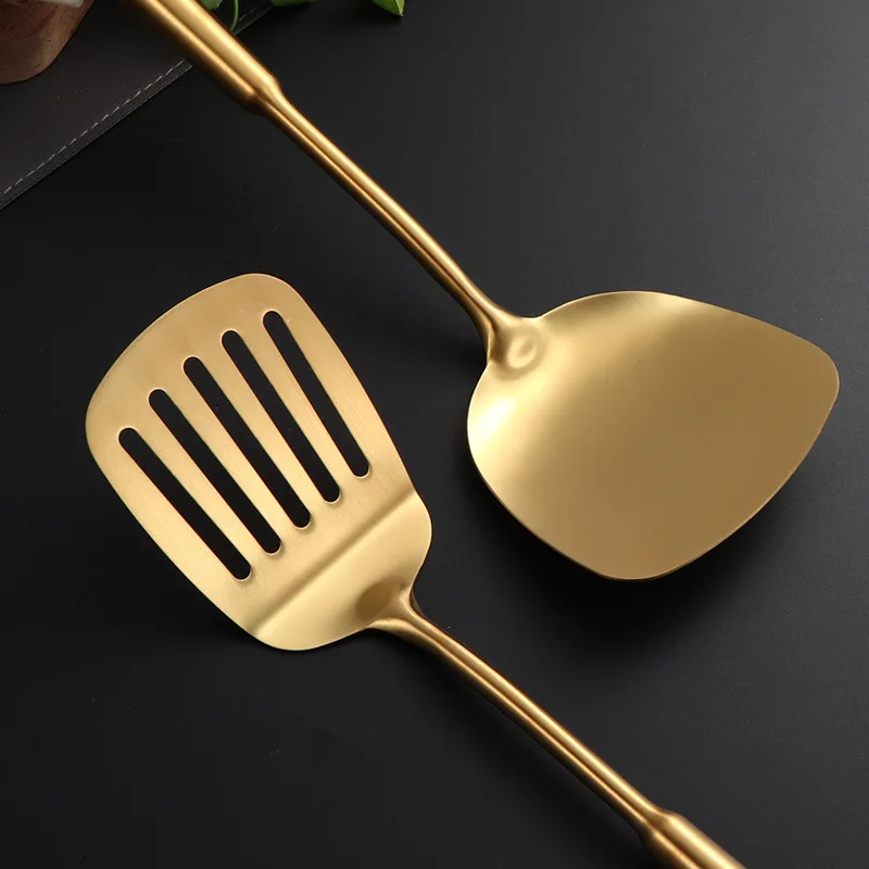 Stainless steel gold kitchenware set of 10 pieces, pot spatula, soup strainer, soup spoon, flat strainer, noodle scoop, potato