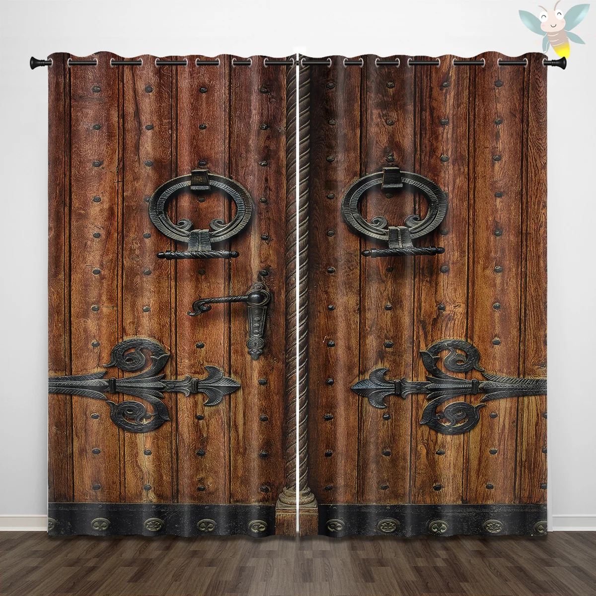 2pcs Vintage wooden door curtain, suitable for living room, bedroom, study, office, sliding window, french window