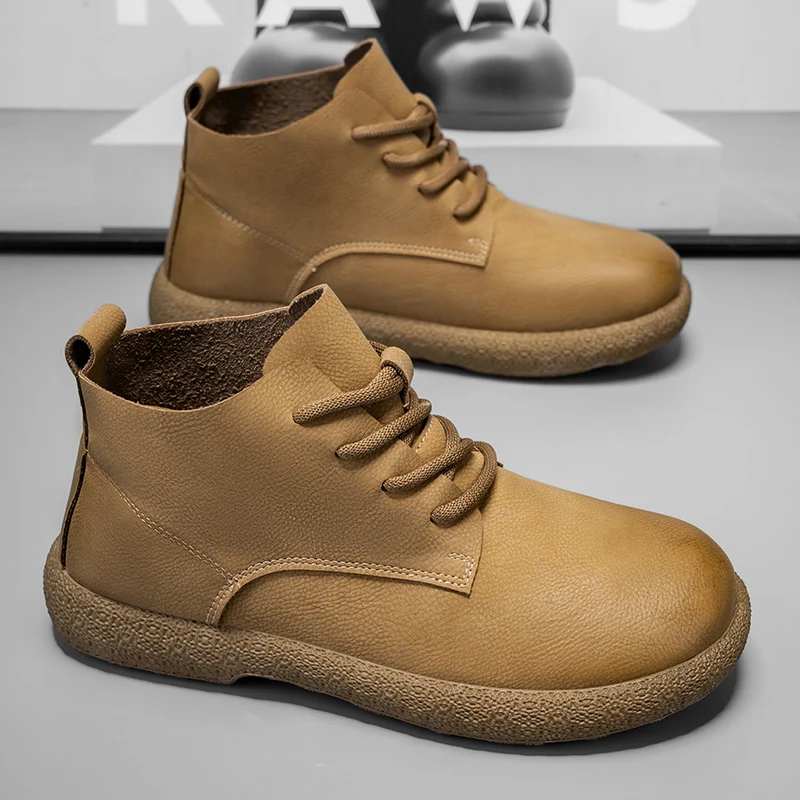 

Обувь Дизайнерские мужские коричневые кожаные ботильоны со шнуровкой в стиле ретро и противоскользящей подошвой для уличной повседневной обуви 2025