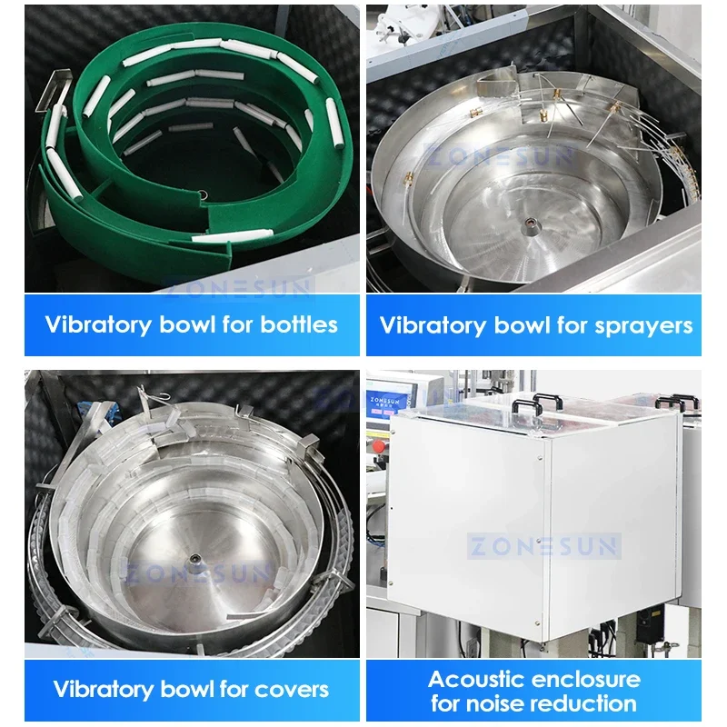 ZONESUN Tappatrice automatica per riempimento bottiglie di profumo Attrezzatura per imballaggio personalizzata Star Wheel Alimentatore per ciotole vibranti ZS-AFC21