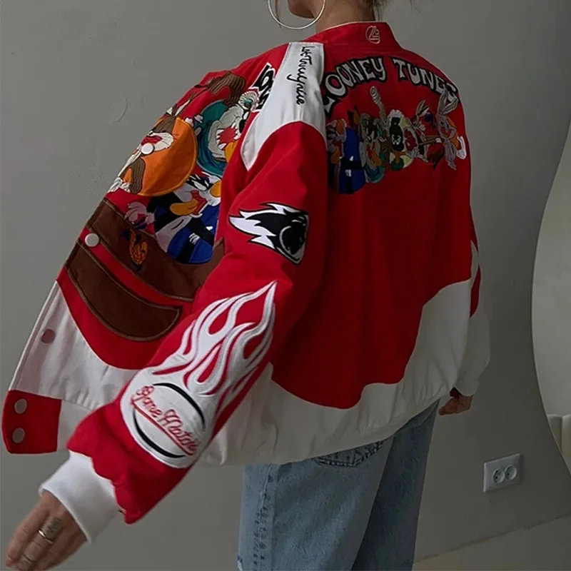 Europe New Autumn and Winter Jacket Sports Style Red Printed Casual Loose Coat Women Jacket