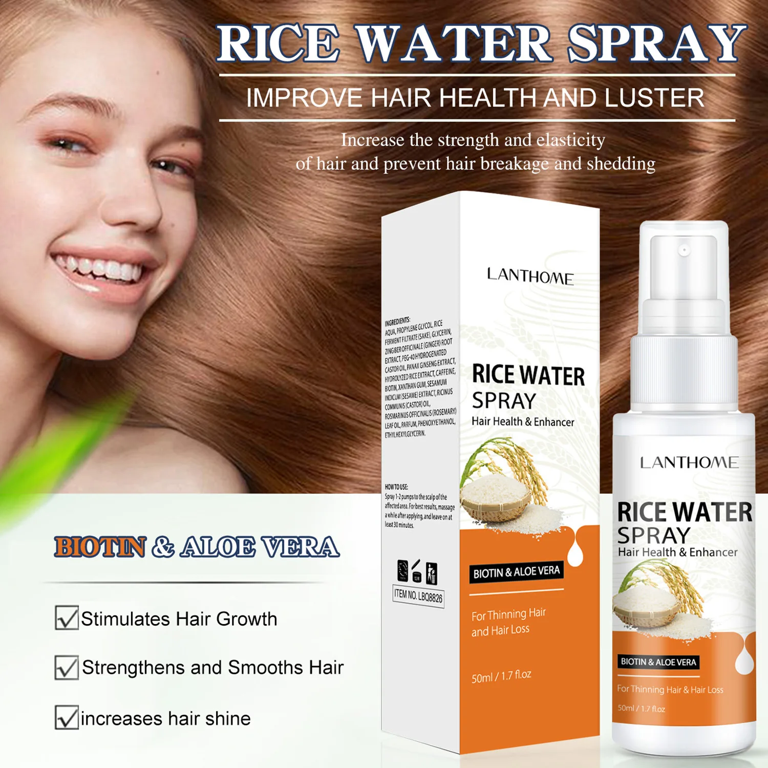 

50ML Rice Water Spray Increases Hair Strength and Elasticity, Balances Scalp Oil and Shine to Repair Damaged Hair