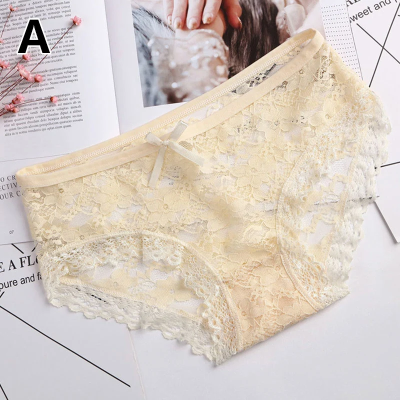 

1Pc Women's Panties Solid Color Lace Hollow out Briefs Bowknot Transparent Underpants Low Waist Underwear Female Lingerie