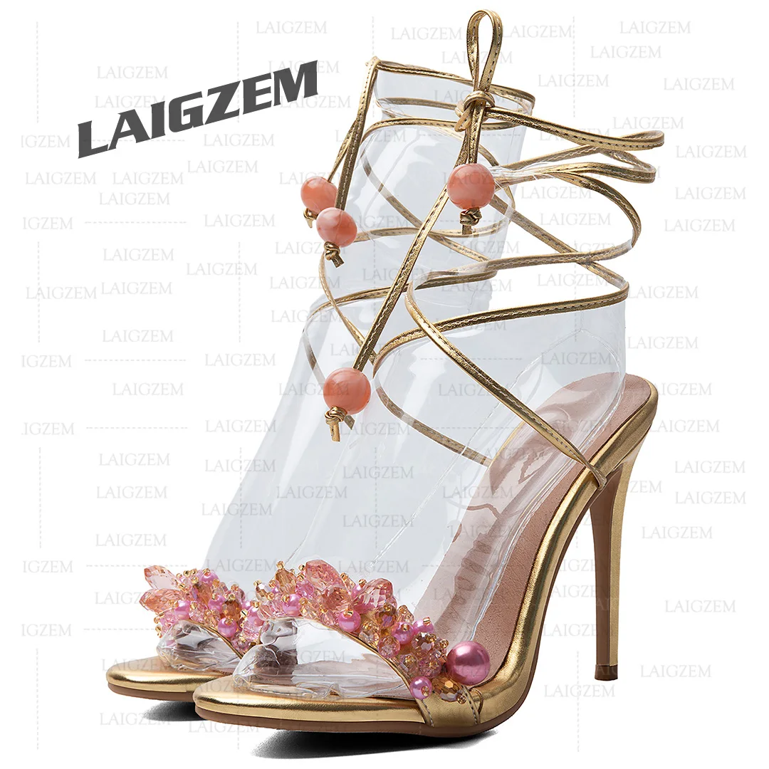 LAIGZEM Women Sandals Open Toe Thin High Heels Pumps Lace Up Ladies Handmade Prom Ladies Shoes Woman Large Size 39 42 45 50 52