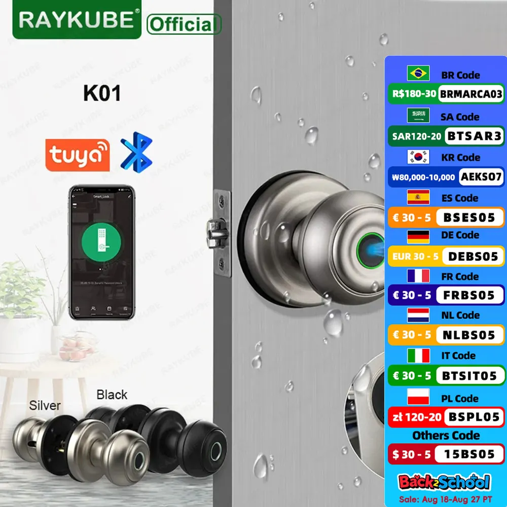 

RAYKUBE K01 Tuya Bluetooth умный дверной замок автоматический цилиндр водонепроницаемый электронный замок с отпечатками пальцев ручка приложение/ключ/разблокировка отпечатков пальцев