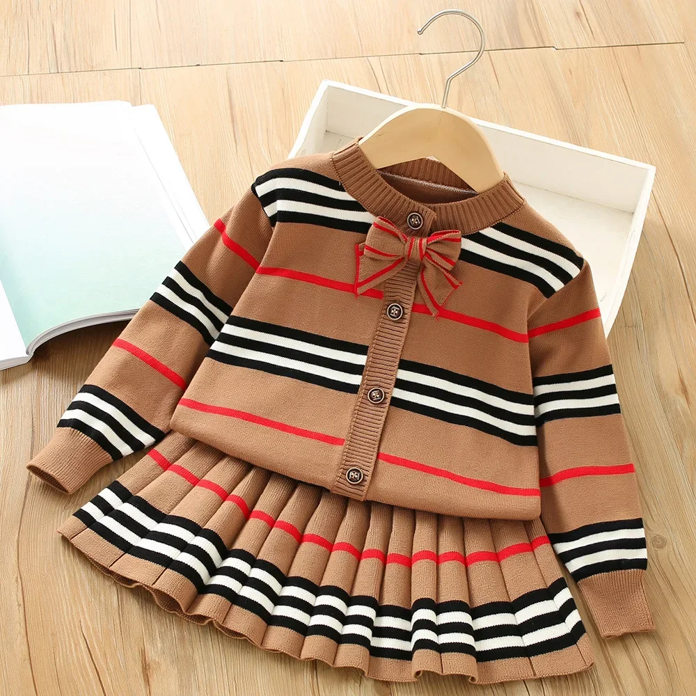 Winter Baby Girl Striped Sweater Set 2024 Girls Toddler Fashion Bow Knitwear Sets Kids Long Sleeve Extra Thick Sweater Clothes