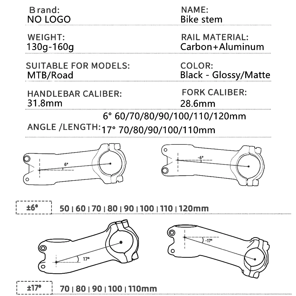 Bicycle Stem MTB Road Bike Handlebar Stem 28.6-31.8mm Aluminum+Carbon Stem 60/70/80/90/100/110/120mm Angle 6/17 Degrees