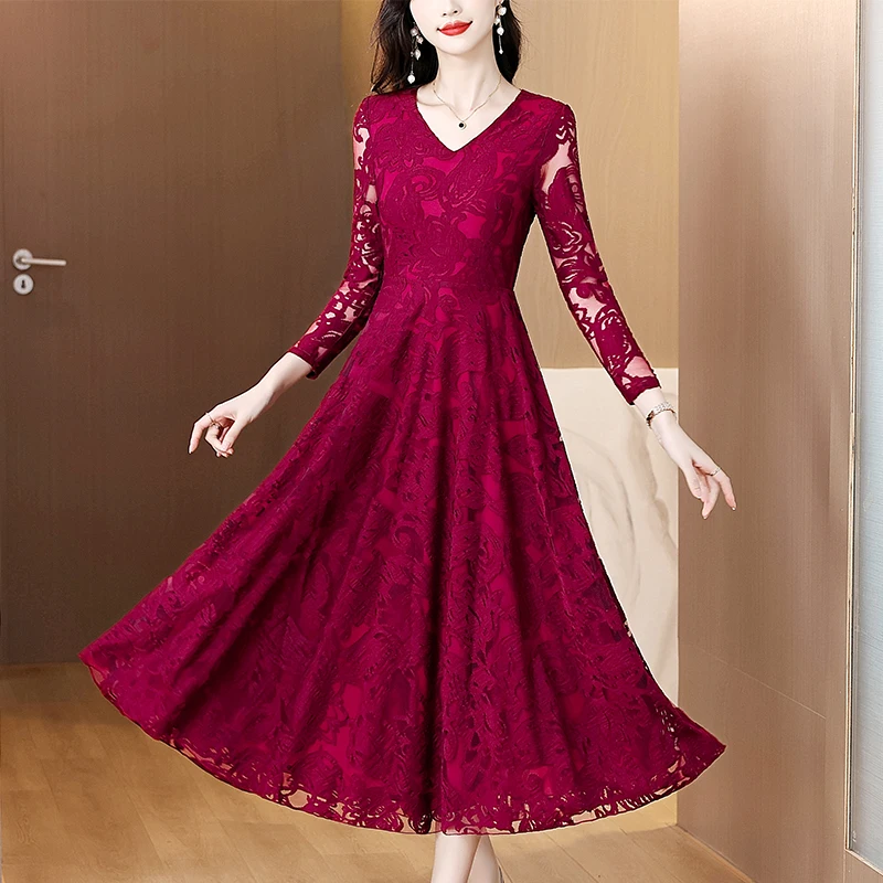 

Женское винтажное кружевное ажурное сексуальное платье с v-образным вырезом, 2025 г., элегантное облегающее вечернее платье, весенне-осенние черные платья миди с длинными рукавами