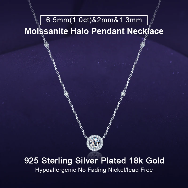 

IOGOU классическое серебро 925 пробы с муассанитом, круглое ожерелье с подвеской в виде ореола для женщин, 6,5 мм, 2 мм и 1,3 мм, полный vvs1, ювелирные изделия с муассанитом и бриллиантами