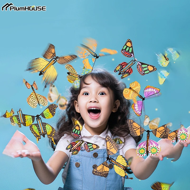 10/1Pcs Magic Flying Butterflies Wind Up Toy In The Sky Bookmark Greeting Card Rubber Band Powered Kids Magic Props Surpris Gift