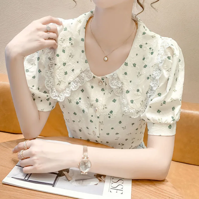 Puff Sleeve Printing Shirts Women New French Sweet Lace Peter Pan Collar Tops Summer Fashion Ladies Embroidery Button Blouses