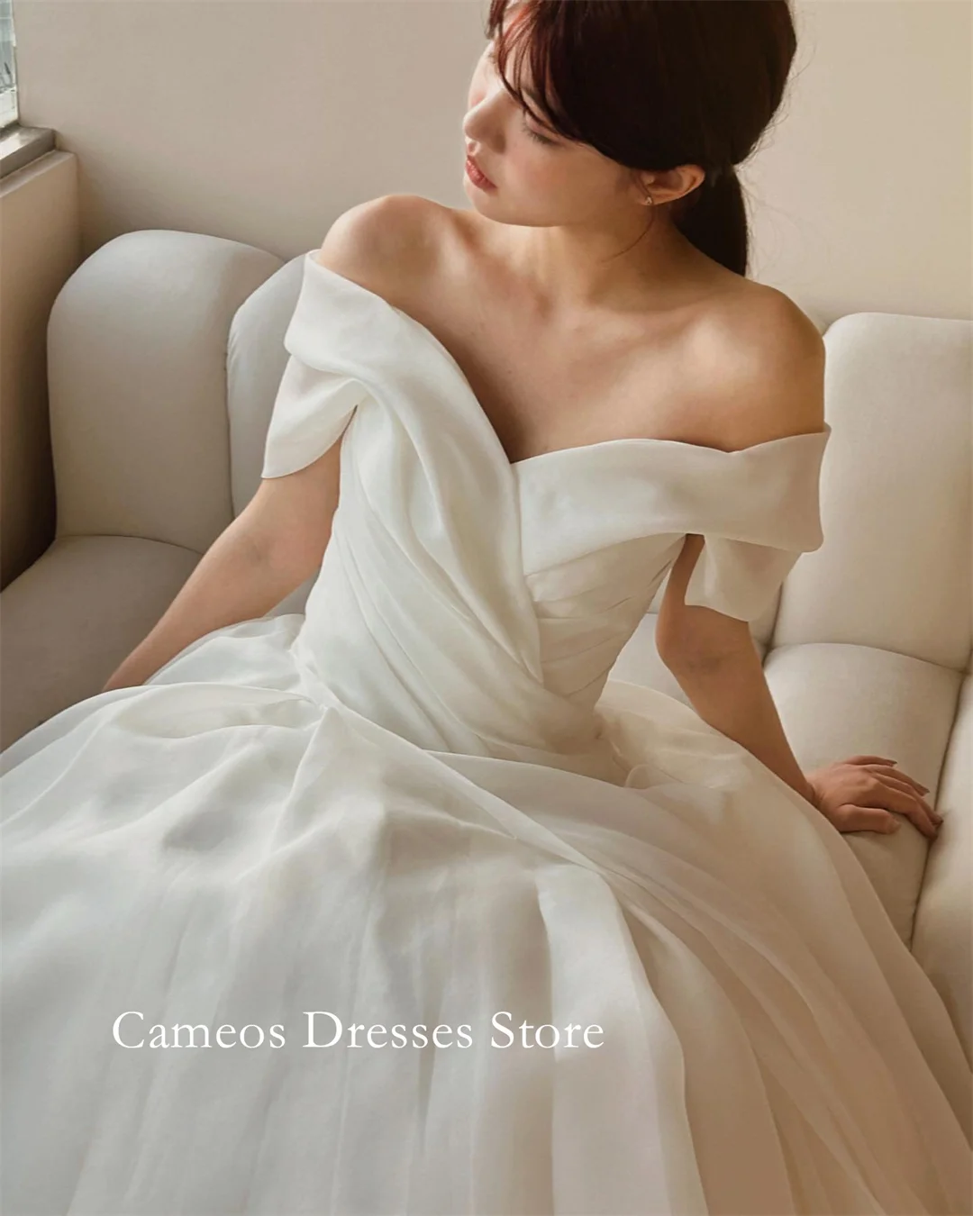 SONDR 맞춤형 오프 숄더 아이보리 반팔 웨딩 드레스 간단한 a 라인 Organza 한국 신부 가운 여성 신부 드레스