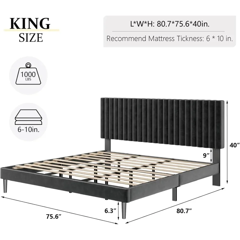 King Bed Frame with Headboard, with Sturdy Wood Slats, Mattress Spring, Mattress Base, Platform Bed Frame