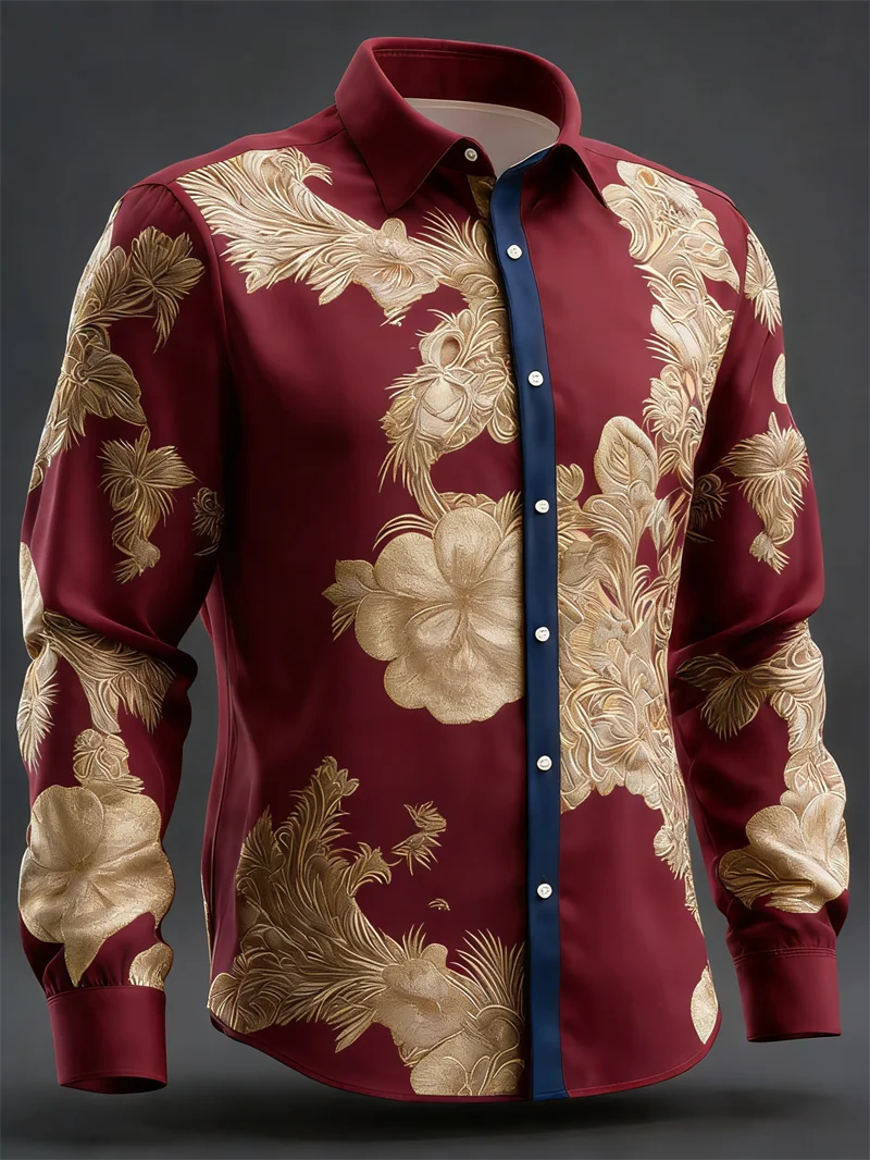 New 10 color men's retro pattern long sleeved shirt with 3D flower print long sleeved casual daily top clothing