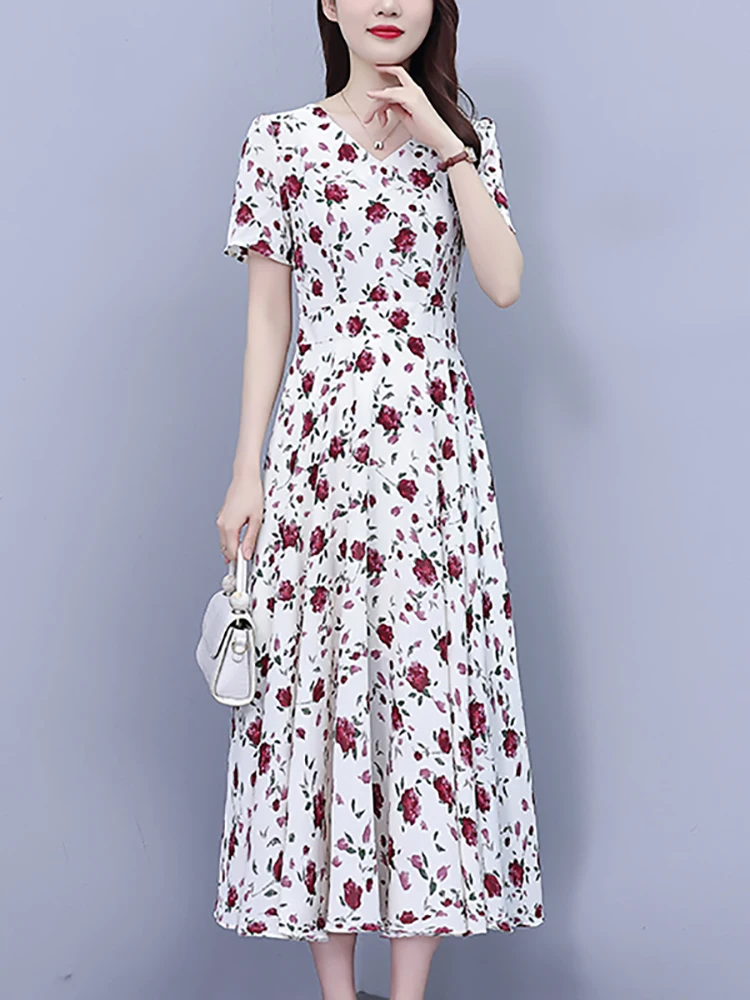 Boho Floral Short Sleeve Casual Beach Long Robe 2024 Summer Chic Prom Party Midi Dress Women Vintage Elegant Bodycon Night Dress