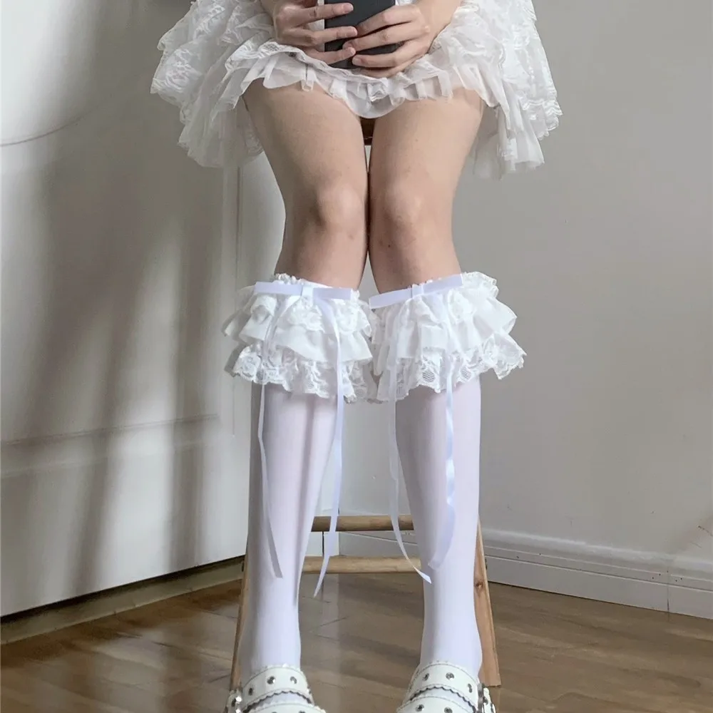 Vrouw Leuke Zwart Wit Kant Lolita vrouwen boog Sexy Fluwelen Kalf Sokken Cosplay Anime Ruffle JK Kalf Sokken
