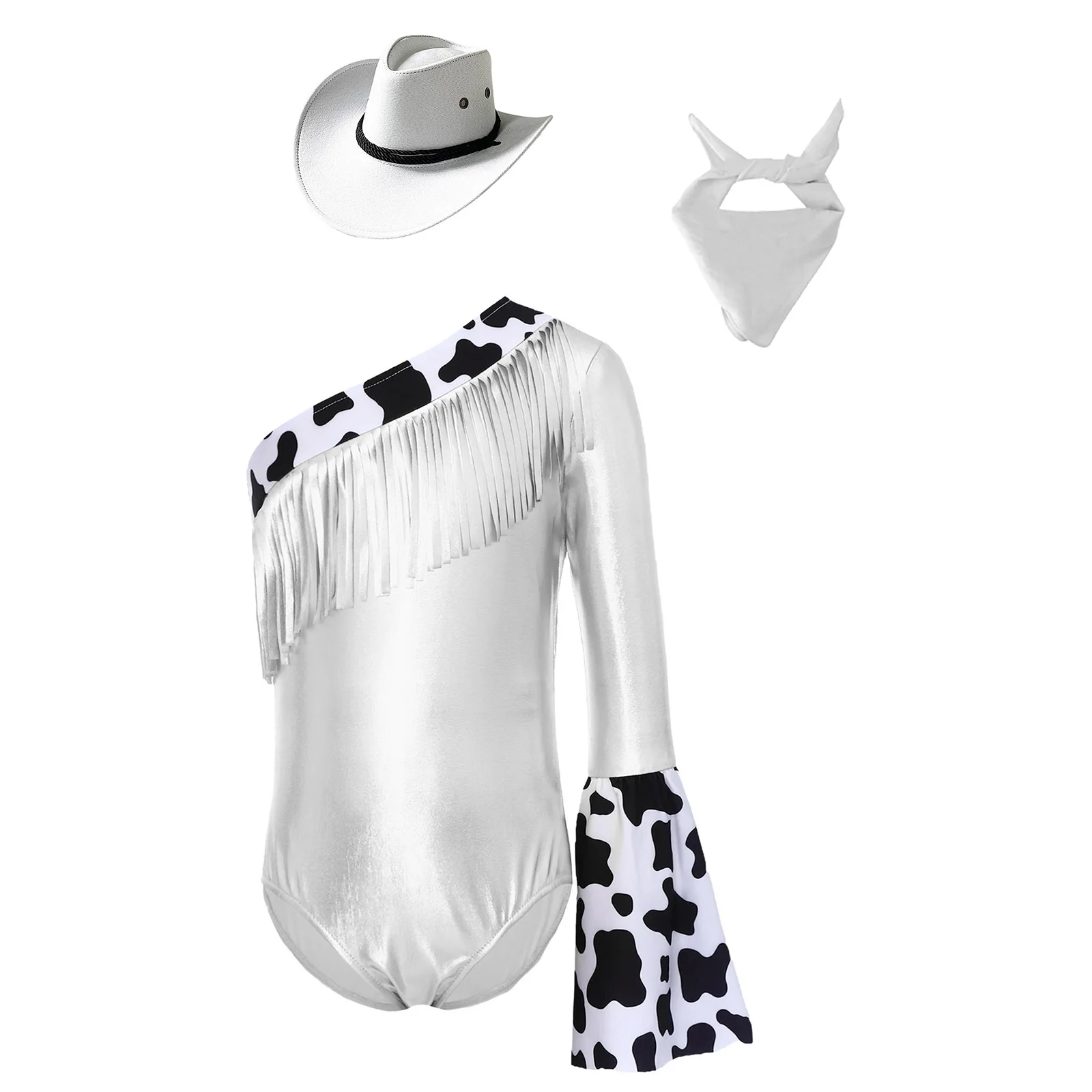 Kids Girls Western Cowgirl Costume Sets Fringed Metallic Crotch Press Buttons Bodysuit with Drawstring Hat And Bandanna Set view 4