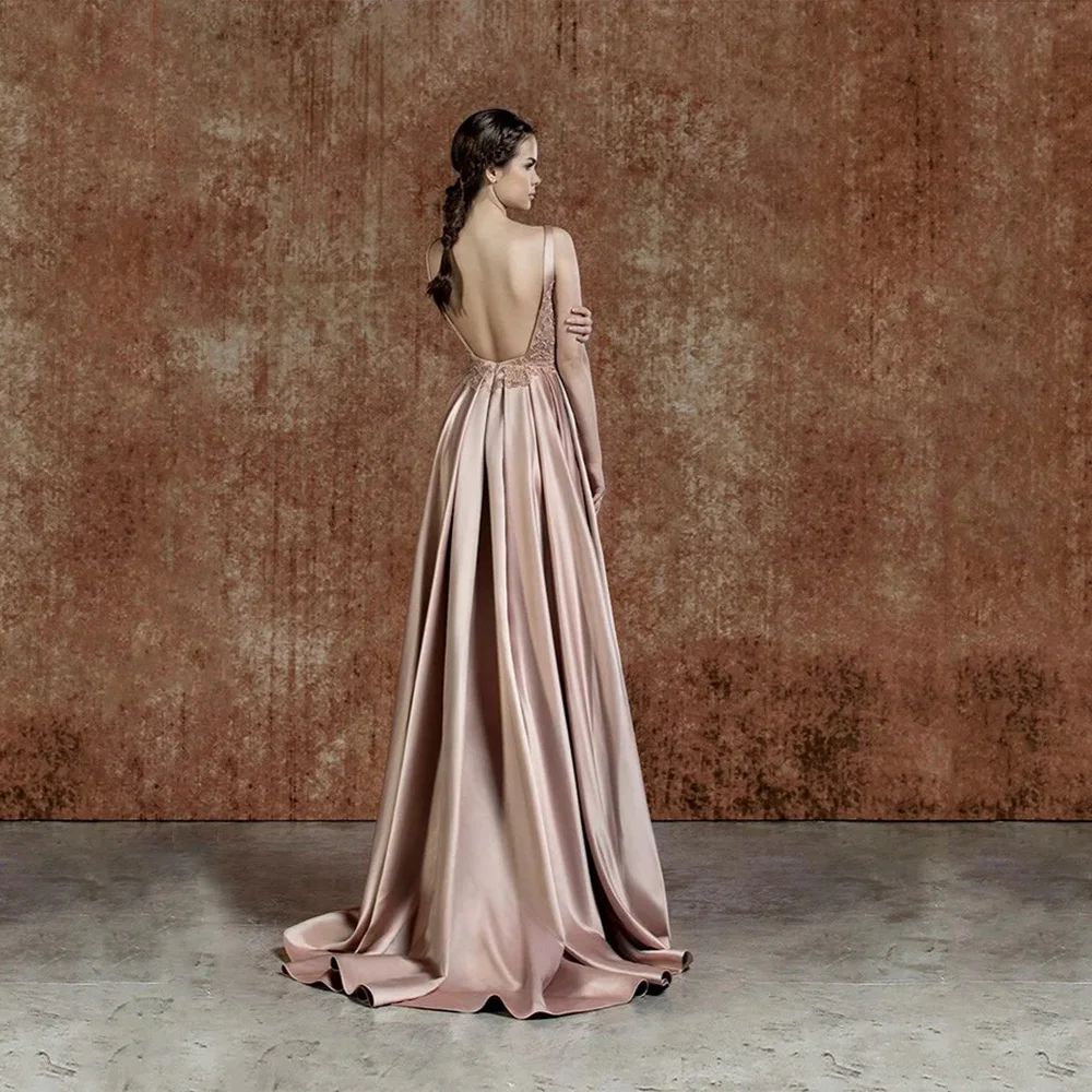 Customized Elegant Evening Dresses Satin for Floor-Length Square Collar Backless Sleeveless Prom Dress Appliques Robes De Soirée