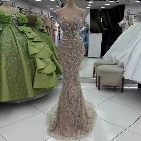 Elegant Champagne Strapless Mermaid Prom Dress Sleeveless Formal Evening Dress Crystal Bead Birthday Party Dress Customized