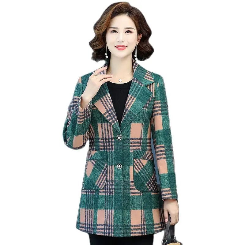 Fashion Women\'s Woolen Coat Tops 2022 New Spring Autumn Suit Collar Plaid Jacket Middle-Aged Elderly Woman woolen coat Outerwear