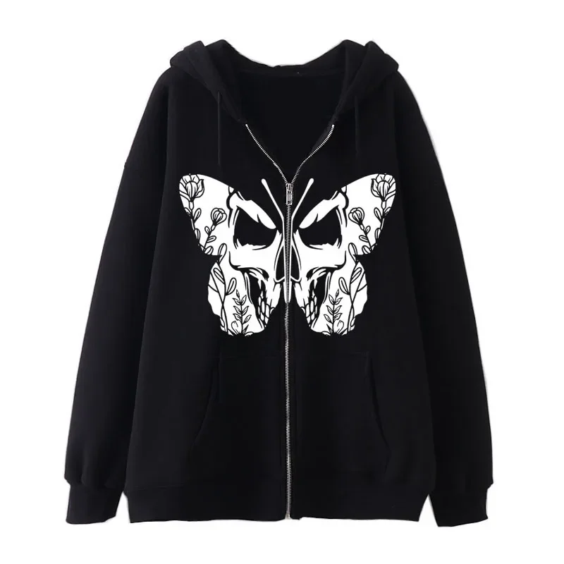 2024 Dark Gothic Style Cardigan Sweatshirt \'Beautiful\' Butterfly Series Y2k Zip Up Hoodies Street Fashion Loose Fleece Jackets