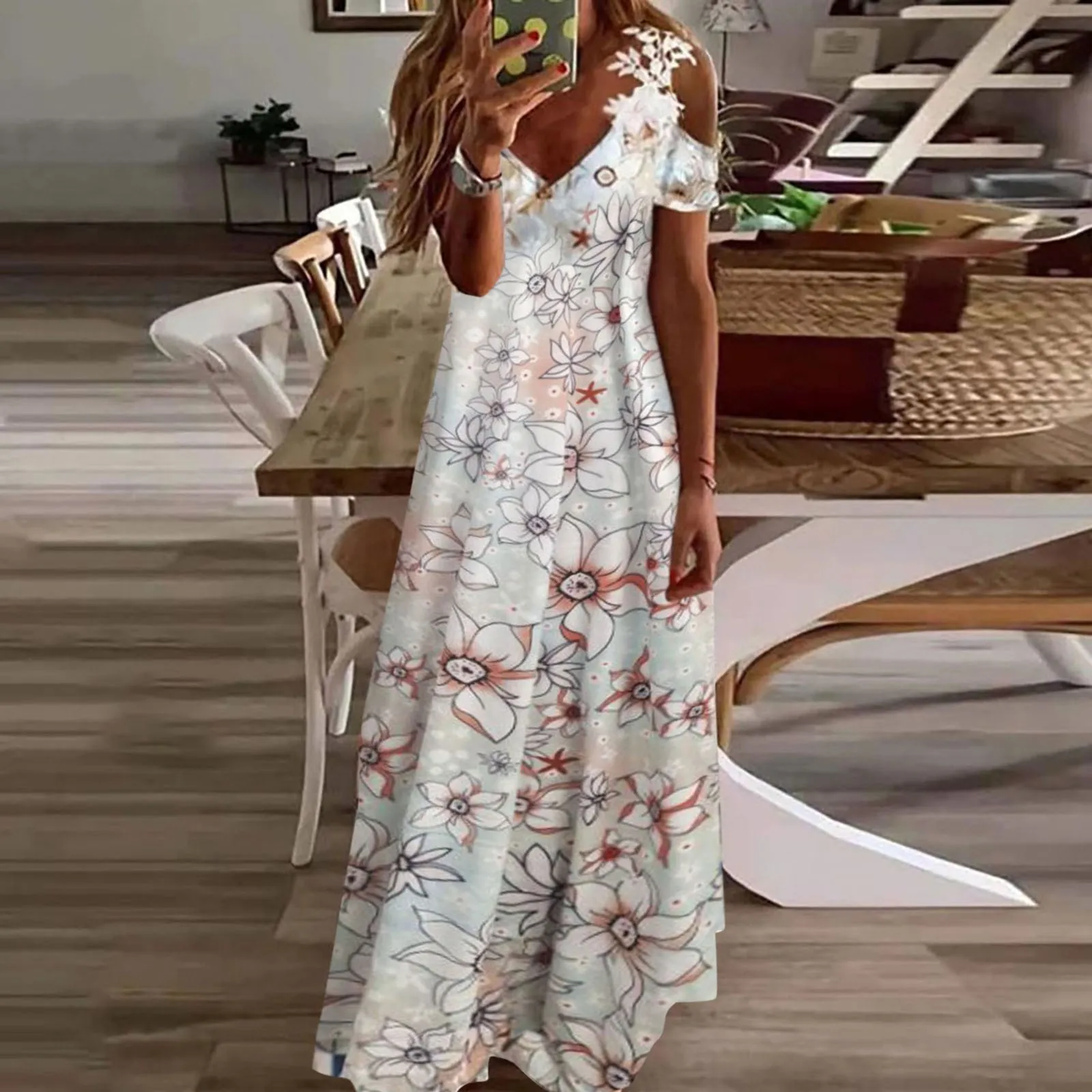 

Women's Sexy Floral Printed Maxi Dress Off Shoulder Backless Sling Dresse Female Lace Hollow Out A-Line Long Dress Robe Vestidos