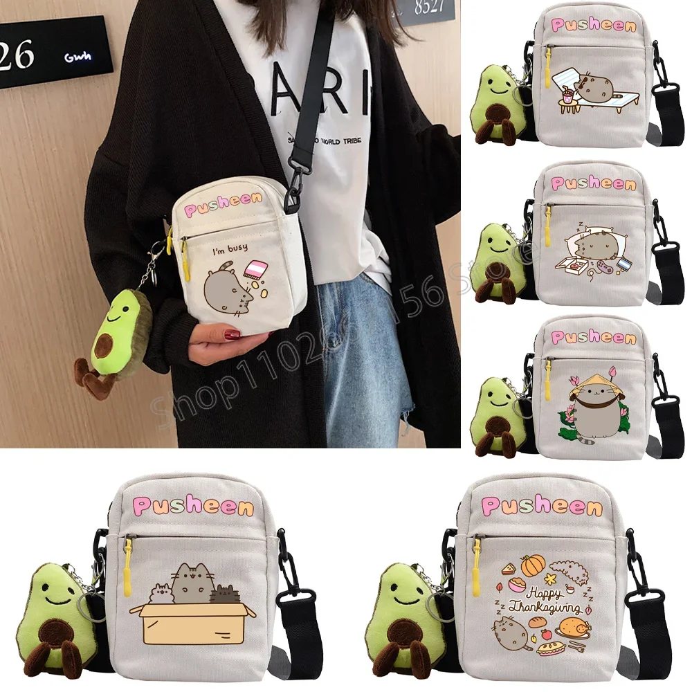 Pusheen Girls Square Packs Diagonal Cross Bags Cartoon Anime Figures Fat Cats White Shoulder Cross-body Casual Canvas Handbags