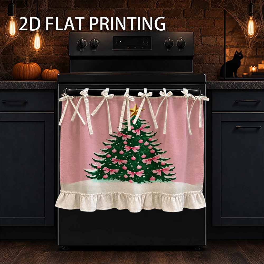 1PC Christmas Kitchen Curtain-Cabinet Curtain-Apron. Decorated Christmas tree with pink bows and gold stars. Can be used as a st