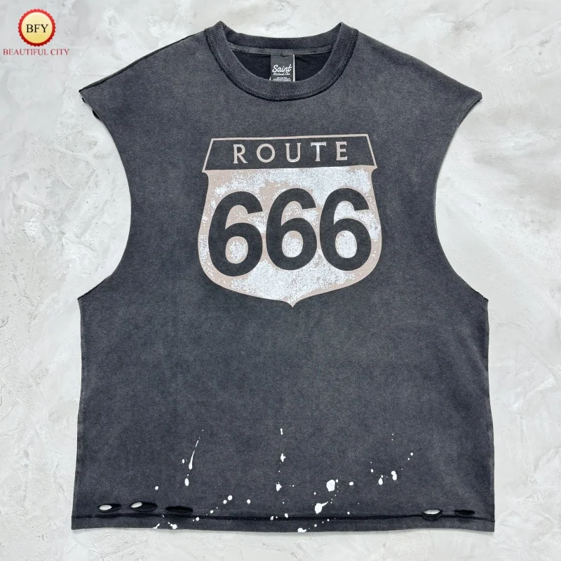 

Уличная одежда, винтажный потертый жилет Saint 666, летняя футболка без рукавов с потертостями, мужская и женская хлопковая футболка без рукавов