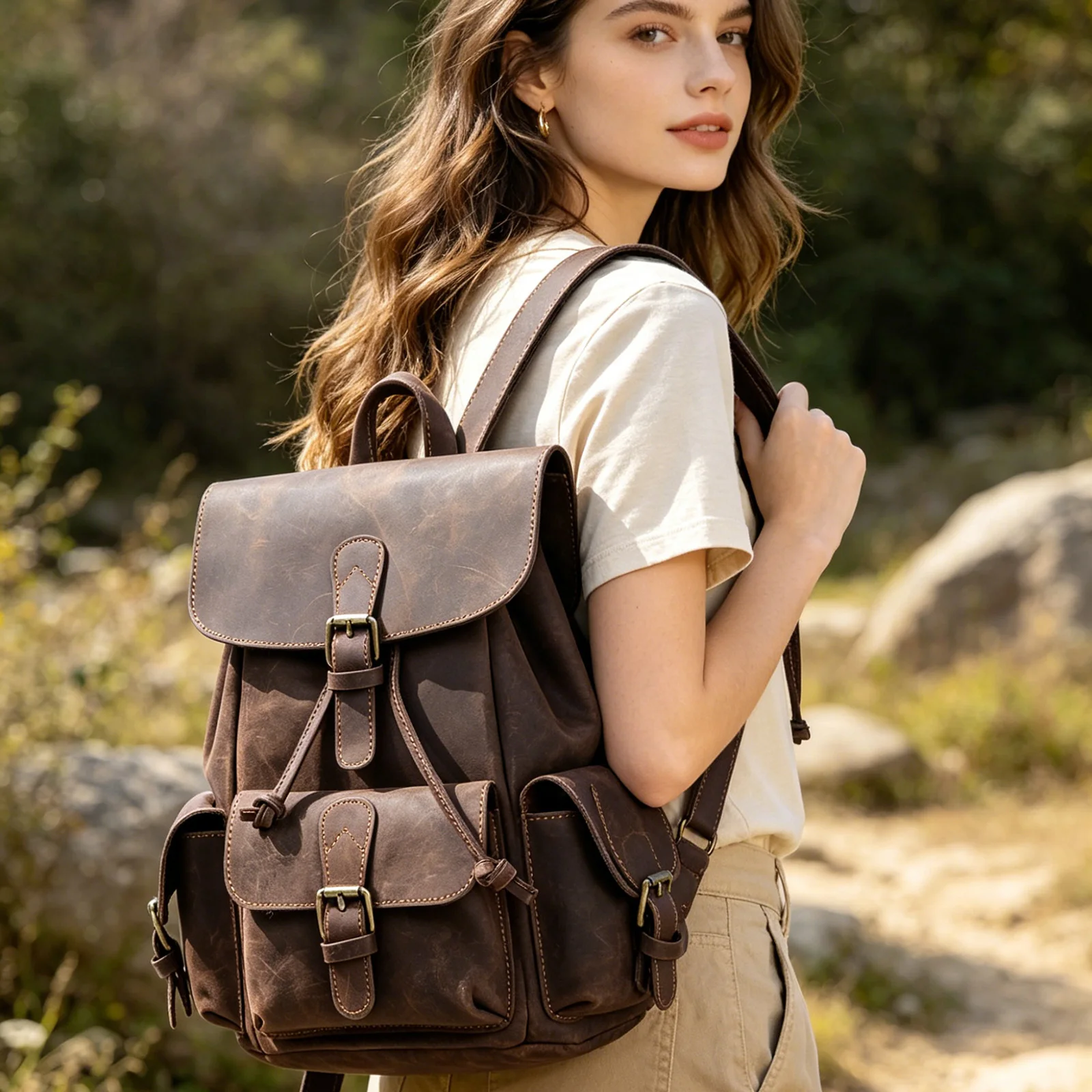 S.WORKER Vintage Echtleder-Rucksack für Damen, Reise-Vintage-Mini-Crazy-Horse-Schultasche, Schultertasche aus Rindsleder – Detail 6