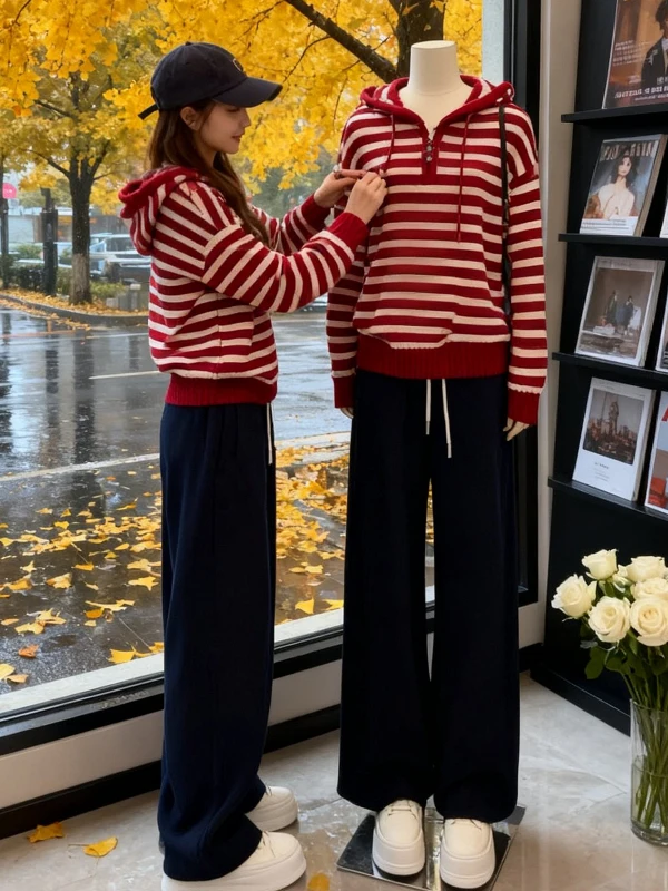 

Женский вязаный свитер больших размеров с молнией, свободный крой, в полоску, с длинными рукавами, осенне-зимний, красивый корейский стильный топ