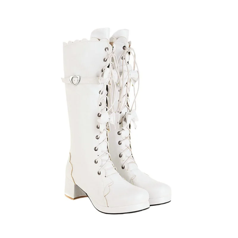 Women Knee High Boots New Autumn Winter Lolita Boots Lace Up Bowknot Princess Dress Boots Sweet Cosplay Footwear