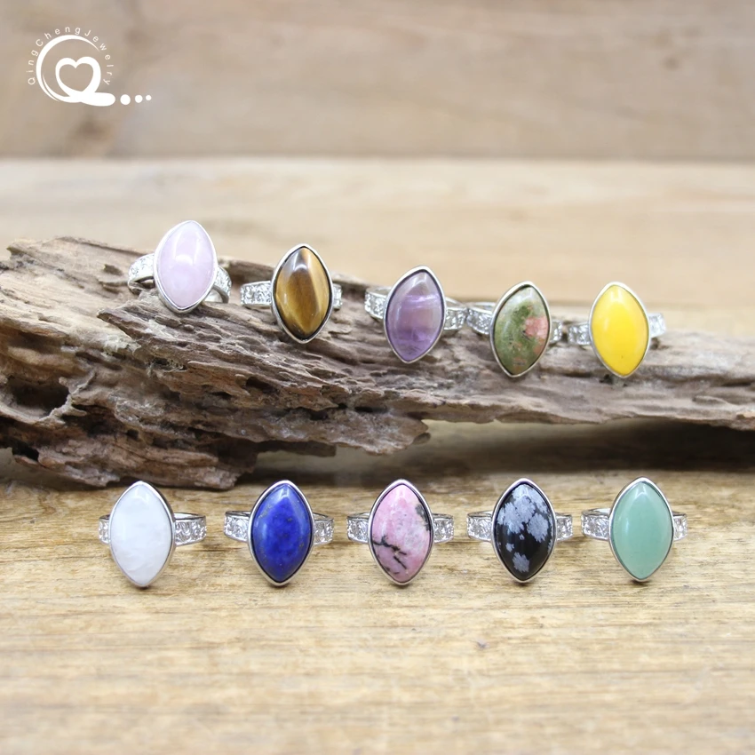

Healing Crystal Horse Eyes Cabochon Rings Natural Stone Amethysts Lapis Finger Adjustable Ring Women Fashion Jewelry,QC4207