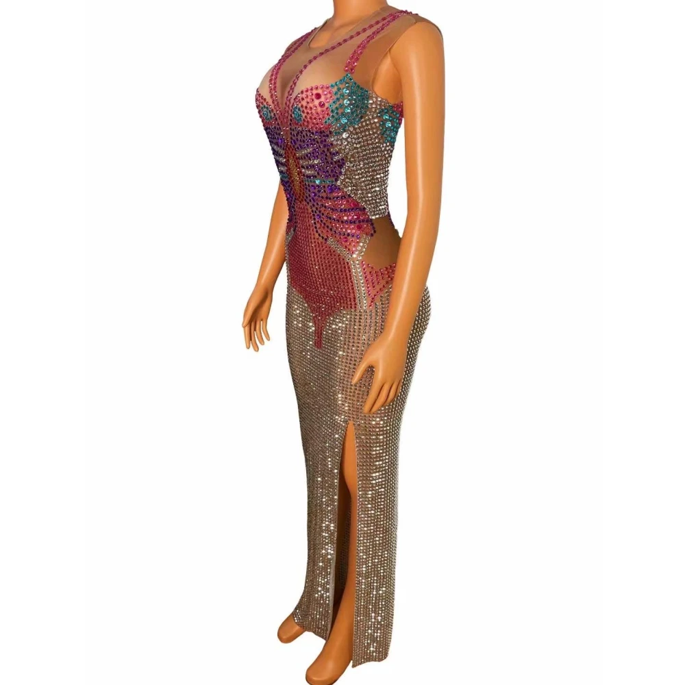 Brilhante borboleta strass sem mangas sexy feminino dividir vestido festa à noite clube rave roupas palco cantor trajes