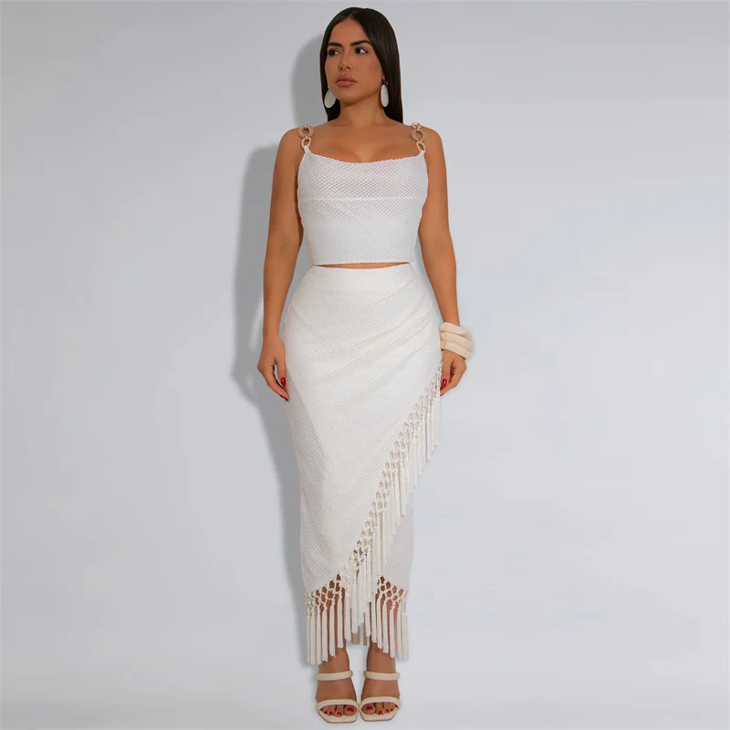 

Doyerl Elegant Bodycon Maxi Dress Sets Women 2 Piece Set Club Wear Birthday Party Crop Top and Tassel Long Skirt Matching Sets