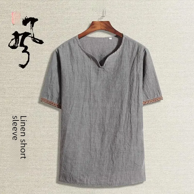 Summer V-neck Linen Short Sleeve Men's T-shirt Breathable Cotton Linen Casual Versatile Vintage Top Thin Summer Top