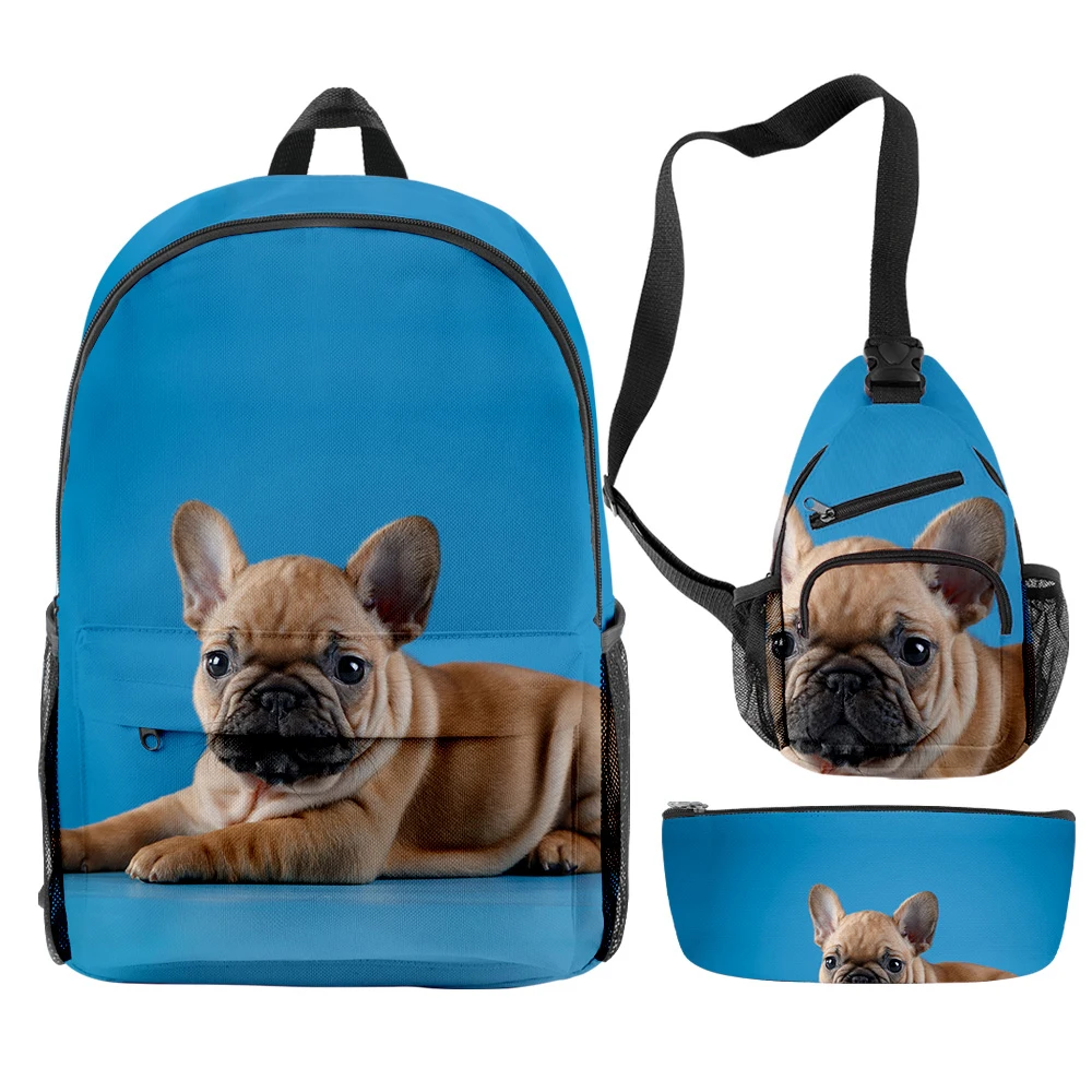 Harajuku novidade legal buldogue francês 3 pçs/set mochila impressão 3d bookbag viagem portátil daypack mochilas sacos de peito lápis caso