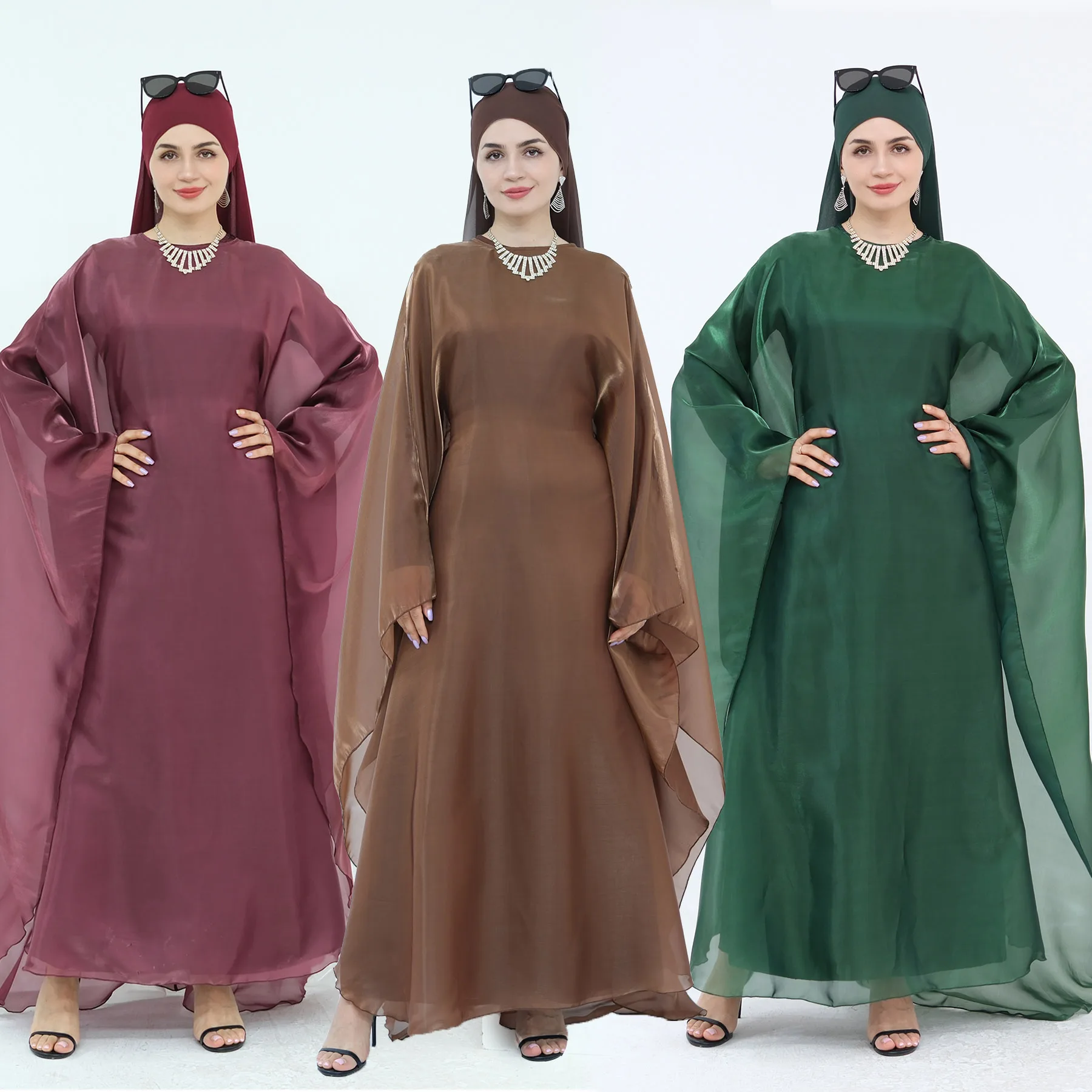 

Shiny Muslim Abaya 2 Piece Set, Long Sleeves Inner Dress Batwing Sleeves Abaya, Evening Party Dubai Islamic Clothes Hijabi Gown
