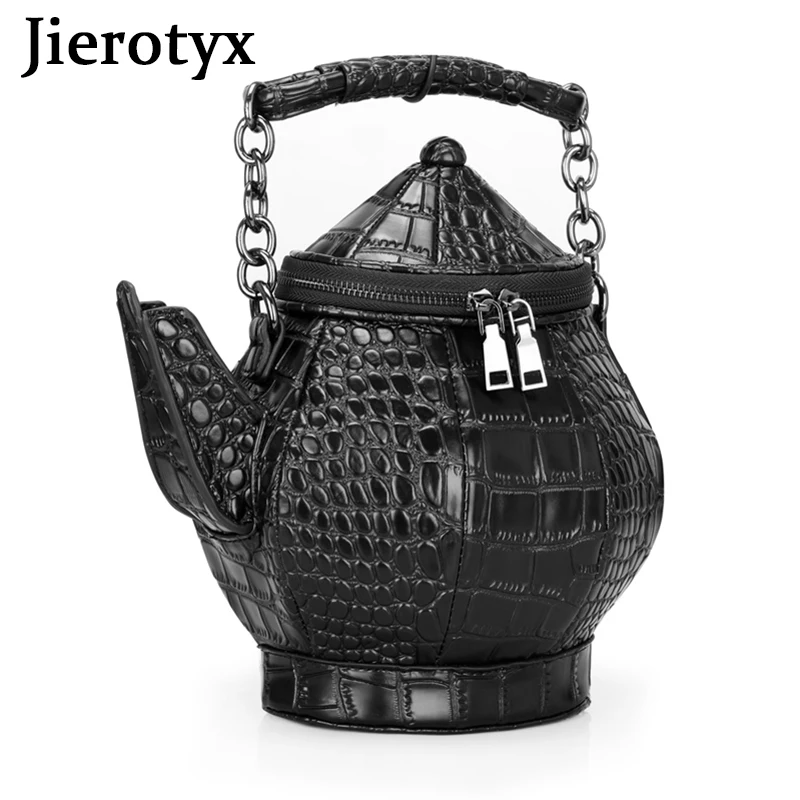 JIEROTYX Vintage Funny Teapot Shaped Handbag Women Crossbody Stone Pattern Leather Single Shoulder Bags Gothic Personality Black