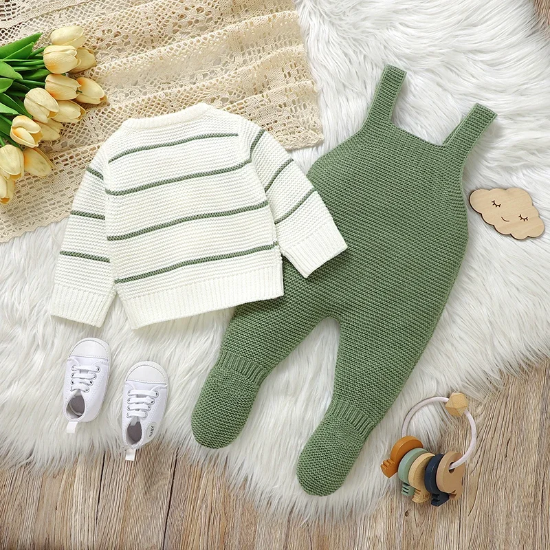 Newborn Baby Clothes Sets Knitted Infant Boy Girl Sweater Long Sleeve +Romper Sleeveless Autumn Kid Cardigan +Jumpsuit 0-9M 2PCS