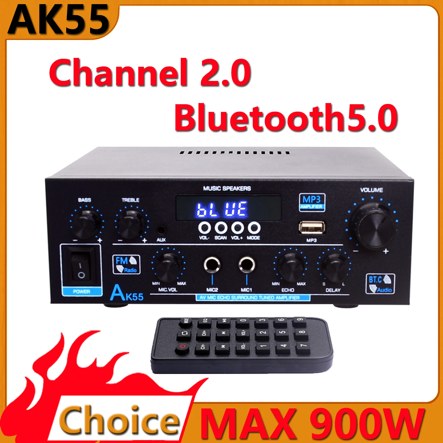 Home Power Amplifier AK55 Channel 2.0 Bluetooth 5.0 AUX RAC dual microphone Digital Stereo Sound 450W+450W Subwoofer