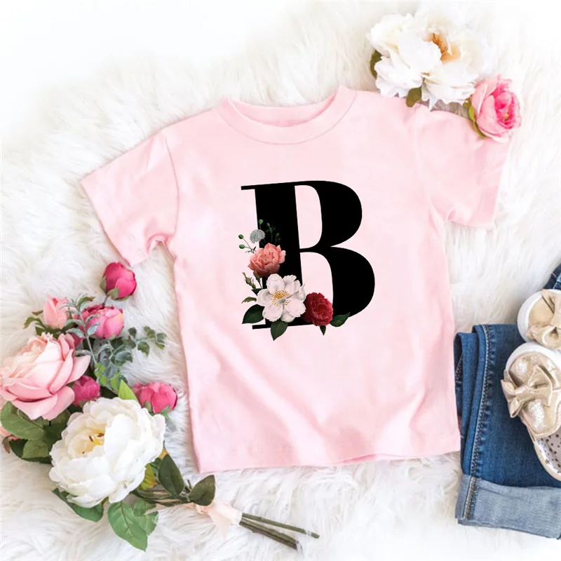 Camiseta infantil preta com letras inglesas, gola redonda, manga curta, rosa, flor, flor, meninos, meninas, 26