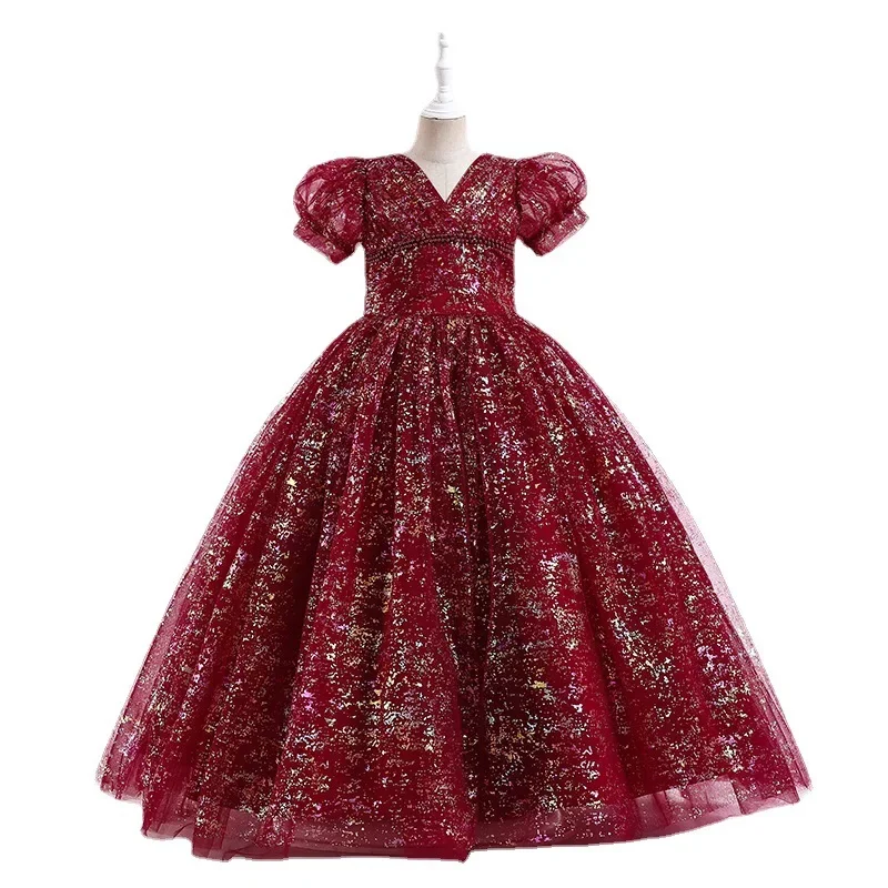 Robe de mariée longue en maille bouffante pour filles, robe de princesse pour enfants, manches à bulles, fête d'anniversaire, nouvelle mode