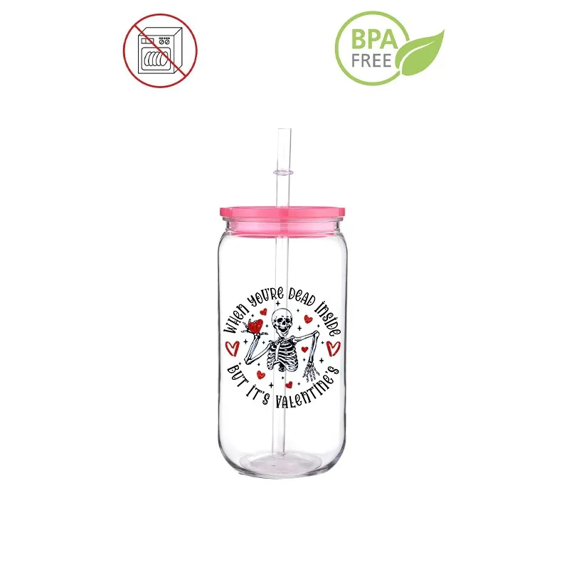 Love Valentine Design Skull Printed Transfer BPA Free Plastic Straw Cup Comes With Sreaw And Cup Lid Can Coffee 16 OZ Drink Coff