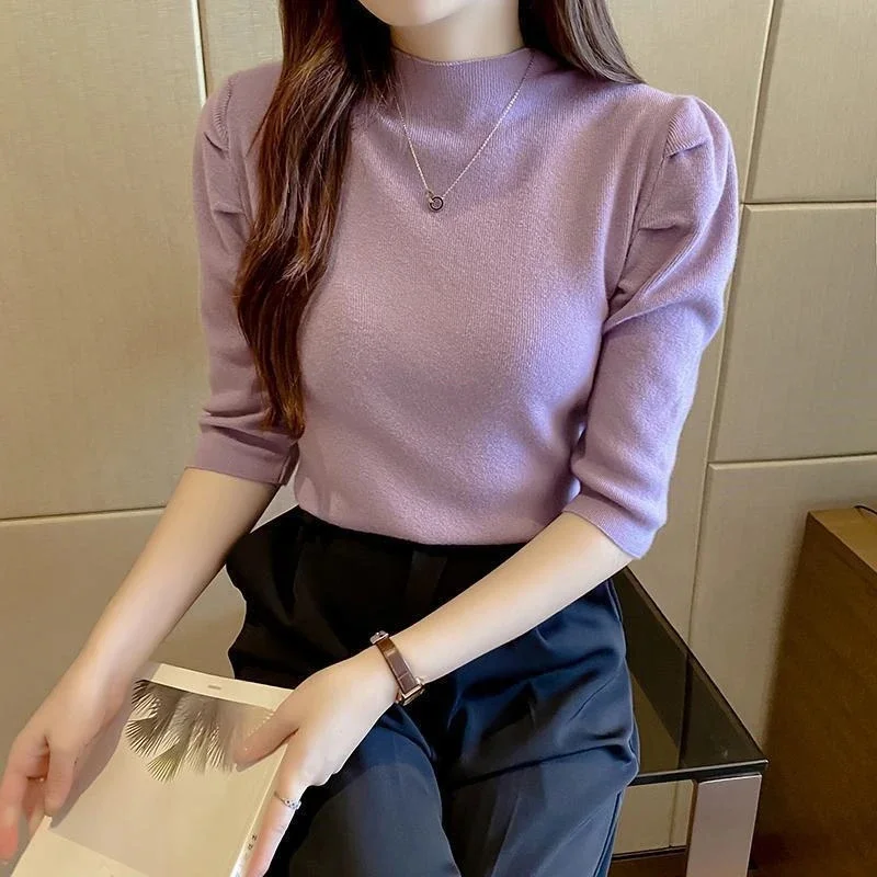 Women Knit Sweater Half Turtleneck, Slim Pullover Puff Sleeve Thin, Jumper Autumn Winter Base Shirt, Female Blouse Purple Top