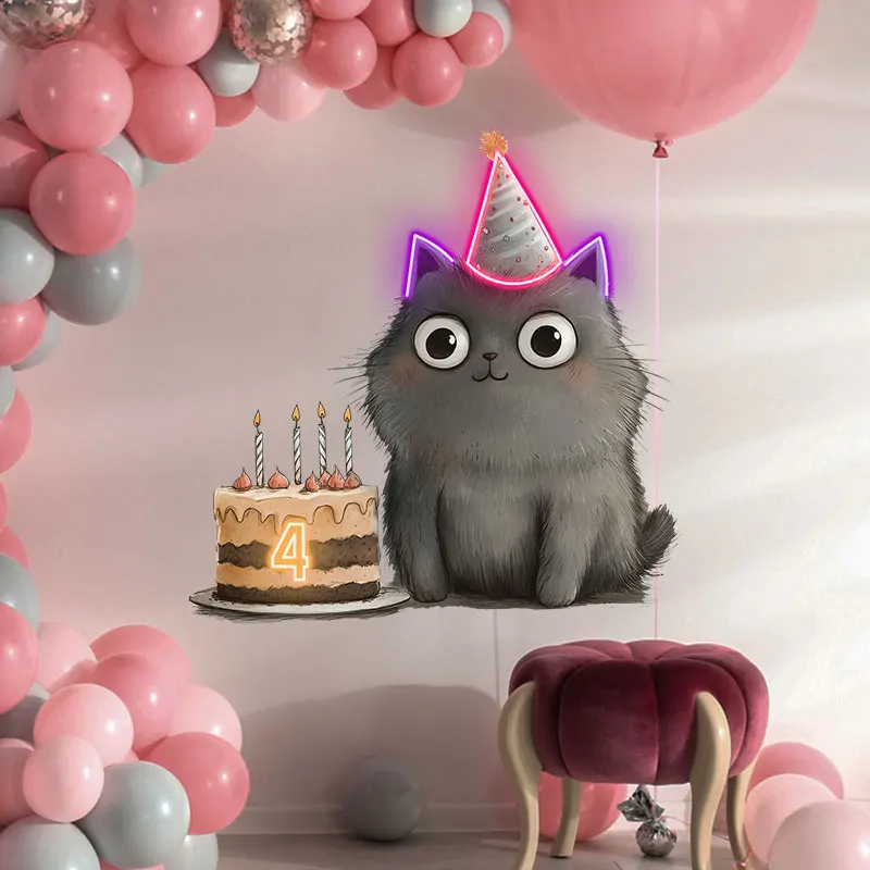 Adorable Cat Birthday Party Neon Light – Cute LED Hat & Cake Decoration for Kids 4th Birthday Celebration, Festive Gift Ideas