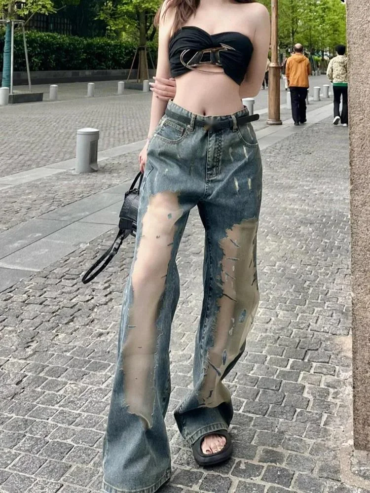 Trendy Style Hollowed Out Perforated Gradient Button High Waisted Flared Jeans For Women Spring 2026 New 05E0AZX8