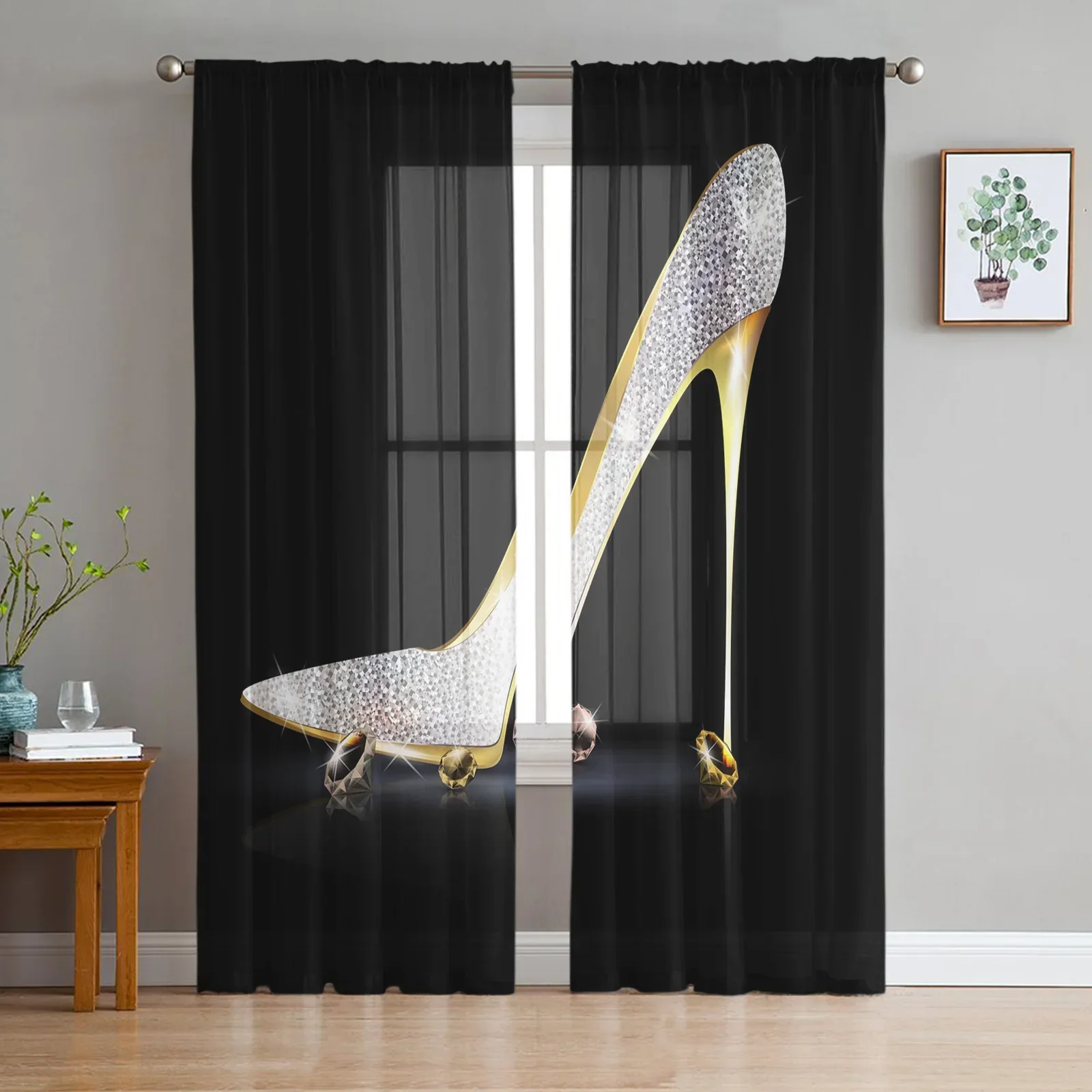 Crystal High Heels Diamond Black Chiffon Sheer Curtains for Living Room Bedroom Decoration Window Voiles Tulle Drapes Curtain