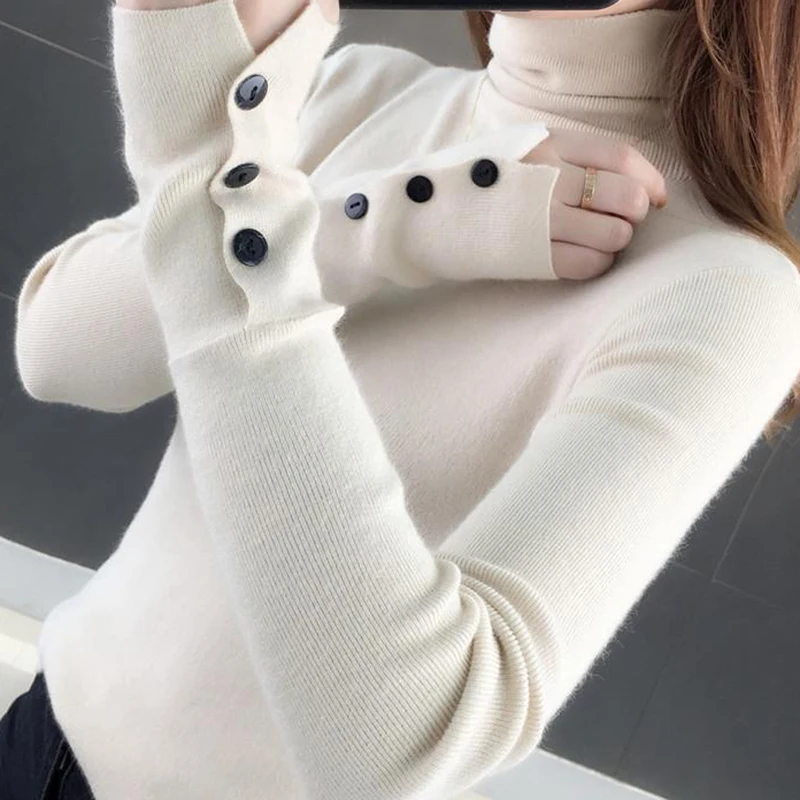 HELIAR Women Turtleneck Solid Warm Sweater Buttons Long Sleeve Knit Basic Pullover Slim Office Jumper For Women 2024 Fall Winter