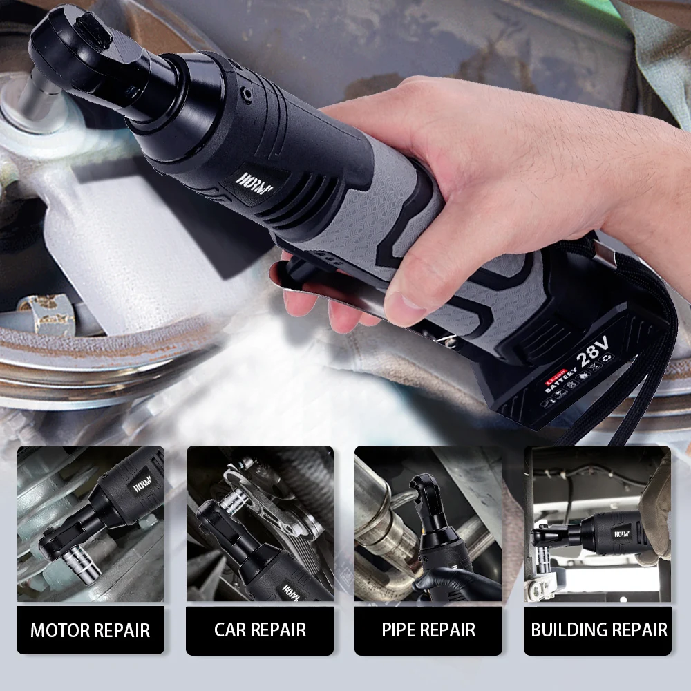 28V Cordless Electric Impact Wrench 3/8\'\' Right Angle Electric Ratchet Wrench Drill Screwdriver With Lithium-Ion Battery